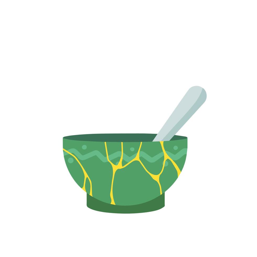 kintsugi - arte japonés. taza pegada para la ceremonia del té. restauración de platos rotos de cerámica y barro. grietas y fragmentos de oro. cultura asiática. ilustración plana vector