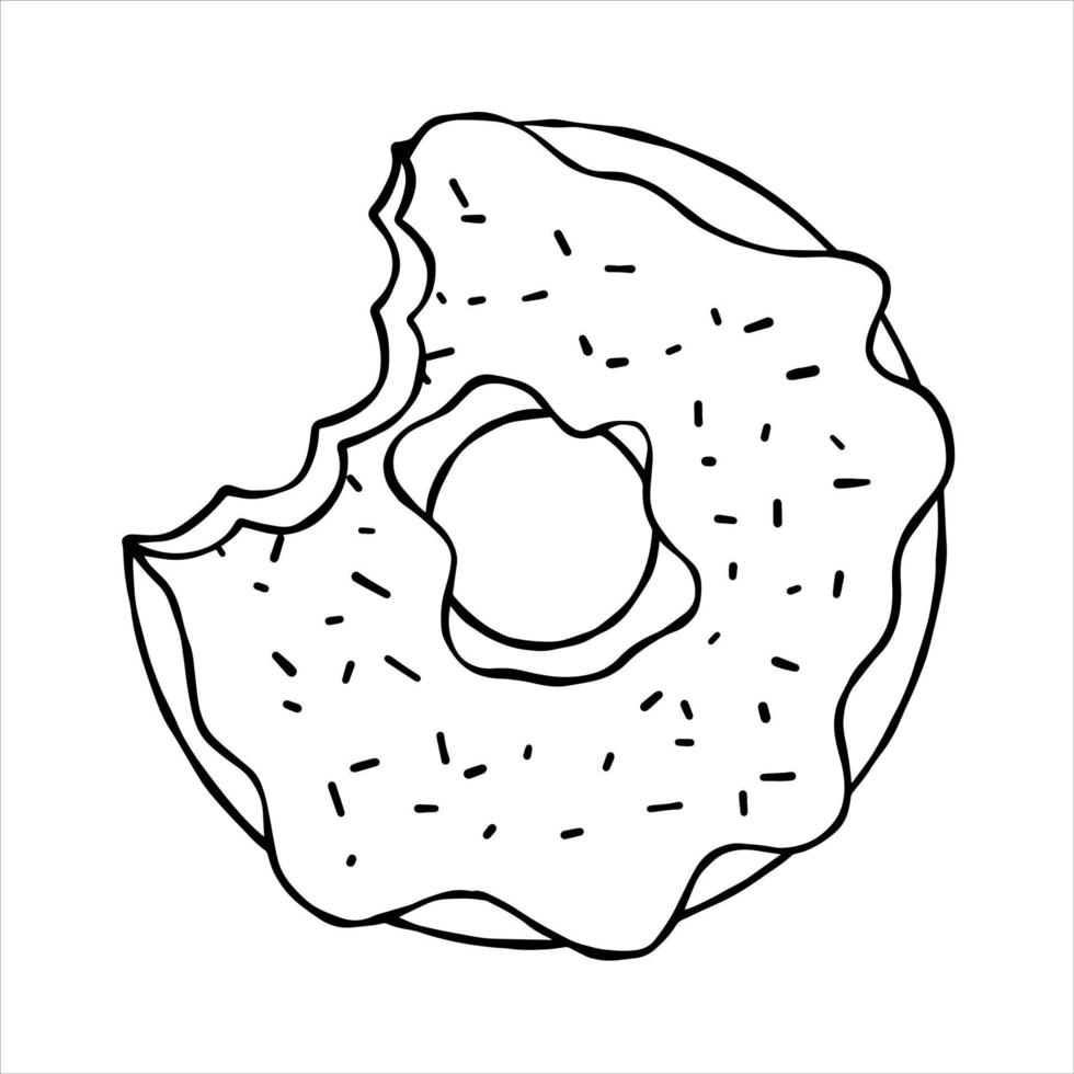 Donut with glaze. Bitten Sweet sugar dessert with icing. Outline cartoon illustration isolated on white background vector