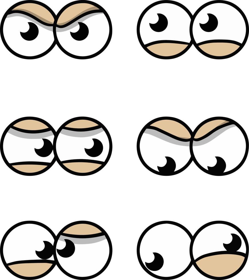 Set of comic eyes with different expressions of emotions. Look up, down, sideways. Element of character head and face. Cartoon illustration. Anger, fatigue, insanity vector