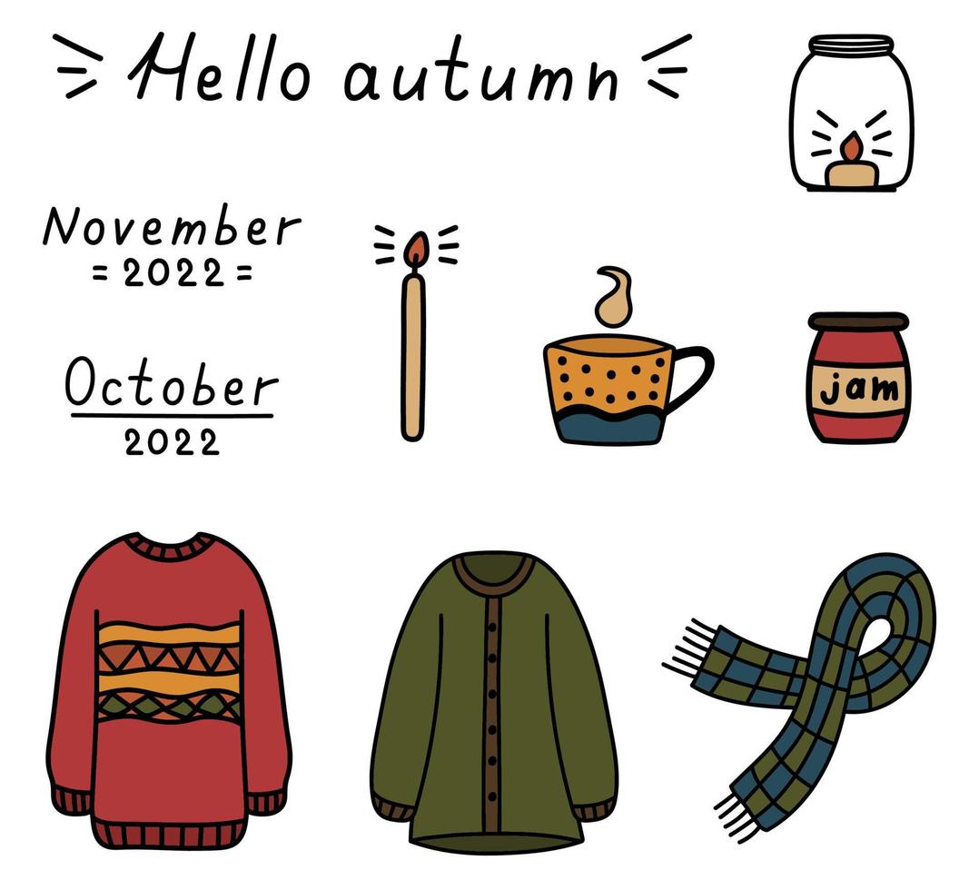 Autumn cozy doodles set. Hand drawn isolated stickers sweaters, scarves, candels, mug, jam. Fall vector illustration clip art