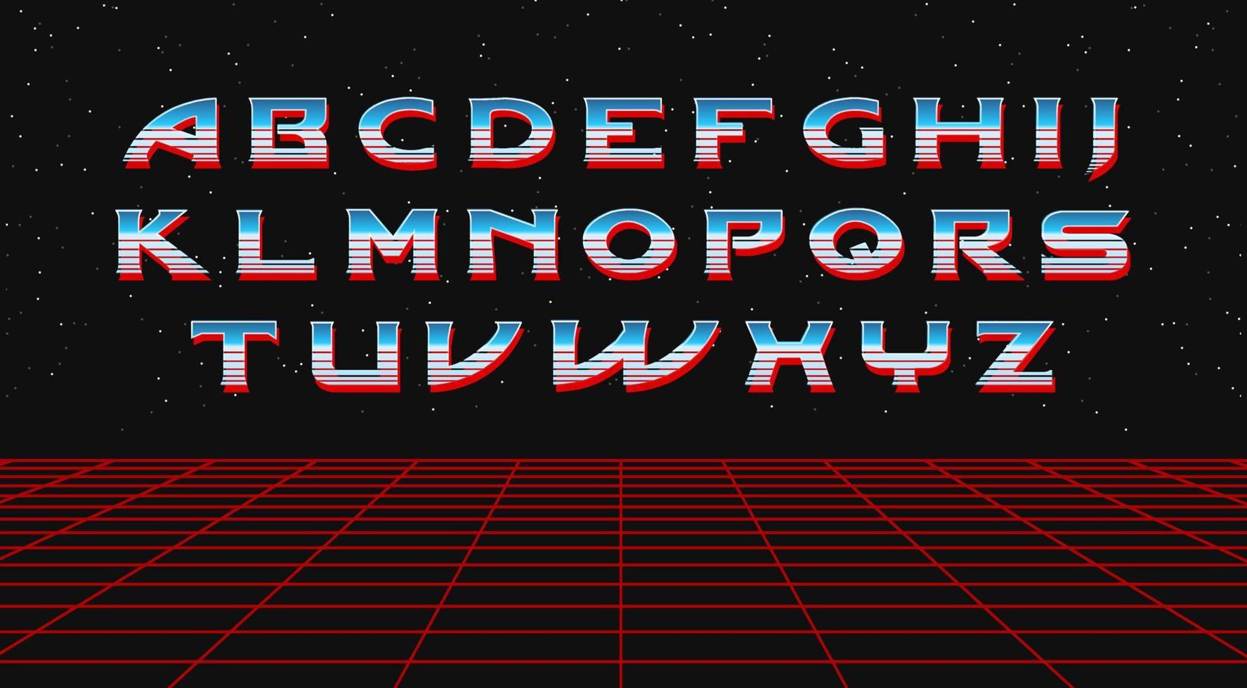 Retro galaxy font, vector alphabet 80s letters with a metallic effect