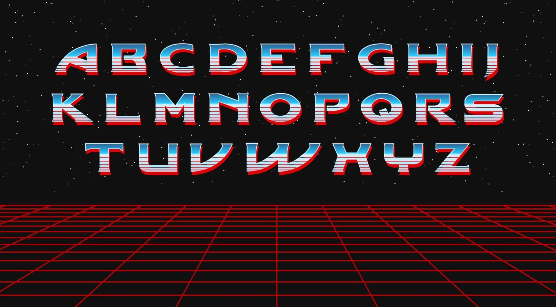 fuente de galaxia retro, letras del alfabeto vectorial de los años 80 con un efecto metálico, tipo de letra de juego de arcade de futurismo retro vector