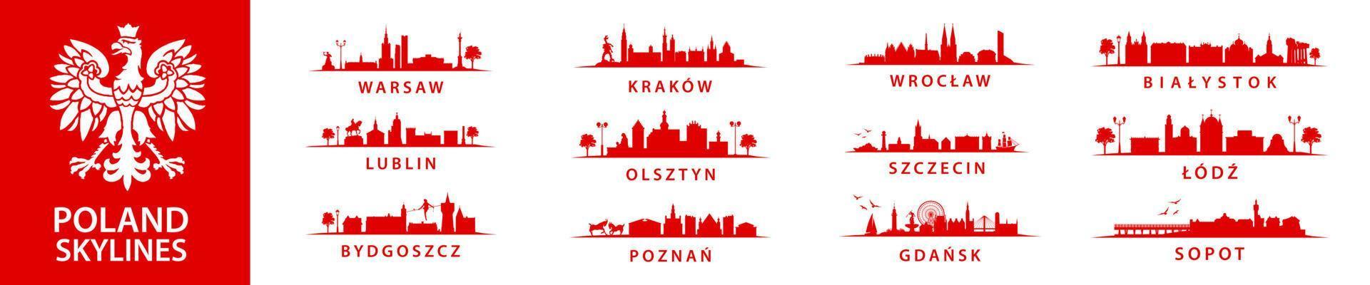 colección de horizontes polacos, gran conjunto de ciudades en polonia, europa del este, szczecin, cracovia, wroclaw, lublin, olsztyn, varsovia, bydgoszcz, poznan, gdansk, lodz, sopot, bialystok vector