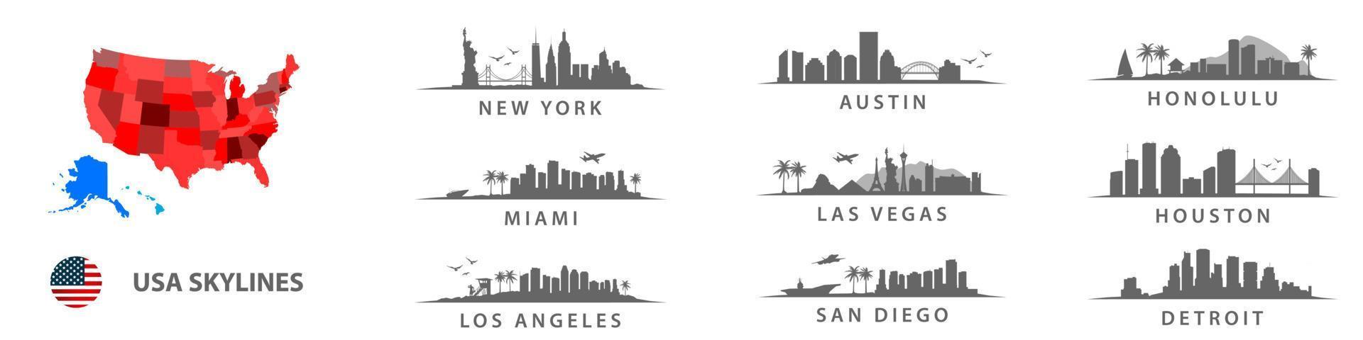 Collection of american skylines, big cities in USA, New York, Los Angeles, Detroit, San Diego, Honolulu, Houston, Austin vector