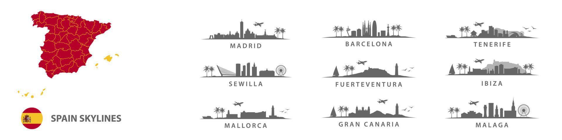 Collection of spanish skylines, big cities in Spain, Madrid, Barcelona, Seville, Malaga, Ibiza, Tenerife, Las Palmas, Gran Canaria vector