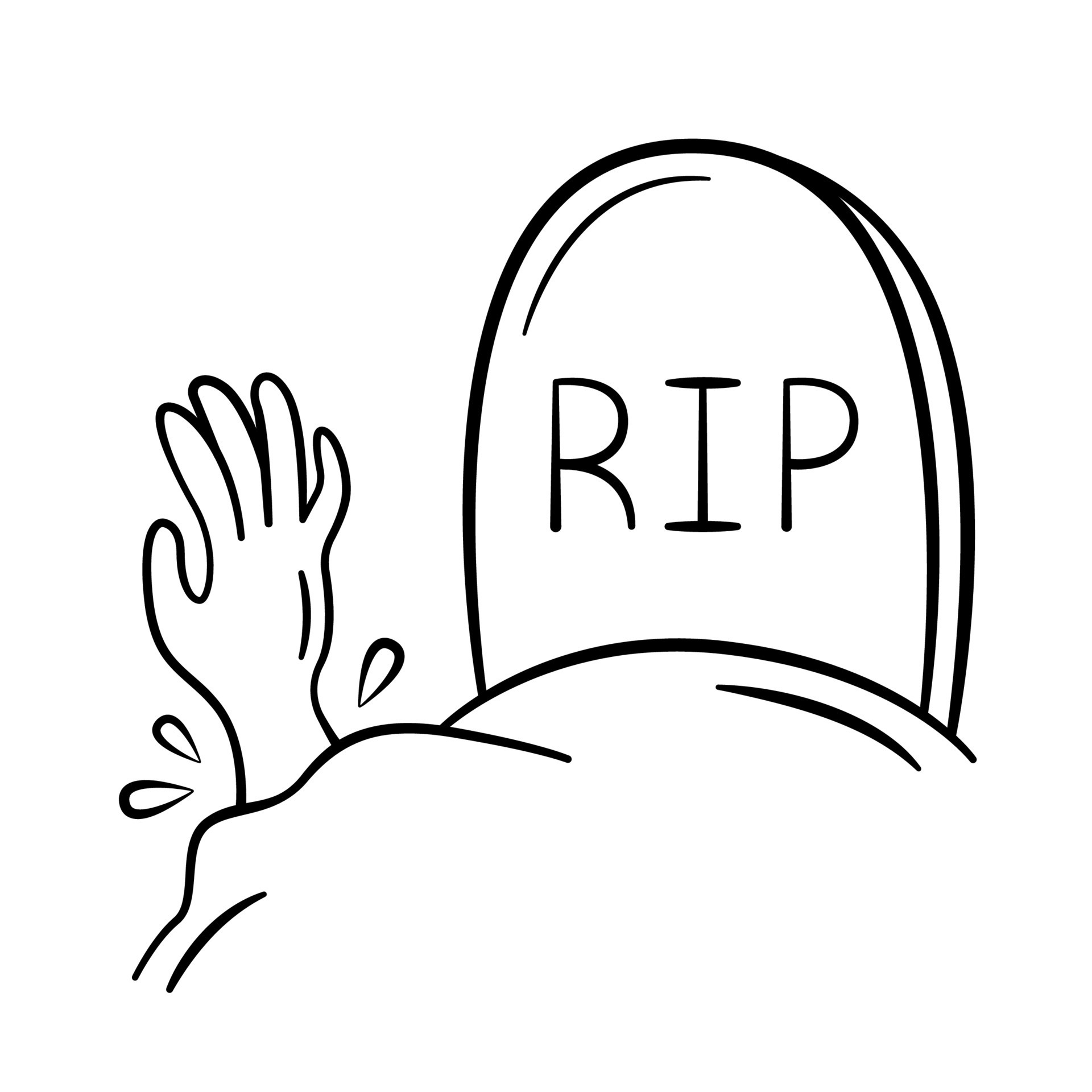 Grave with tombstone with RIP or Rest in Peace inscription and the arm
