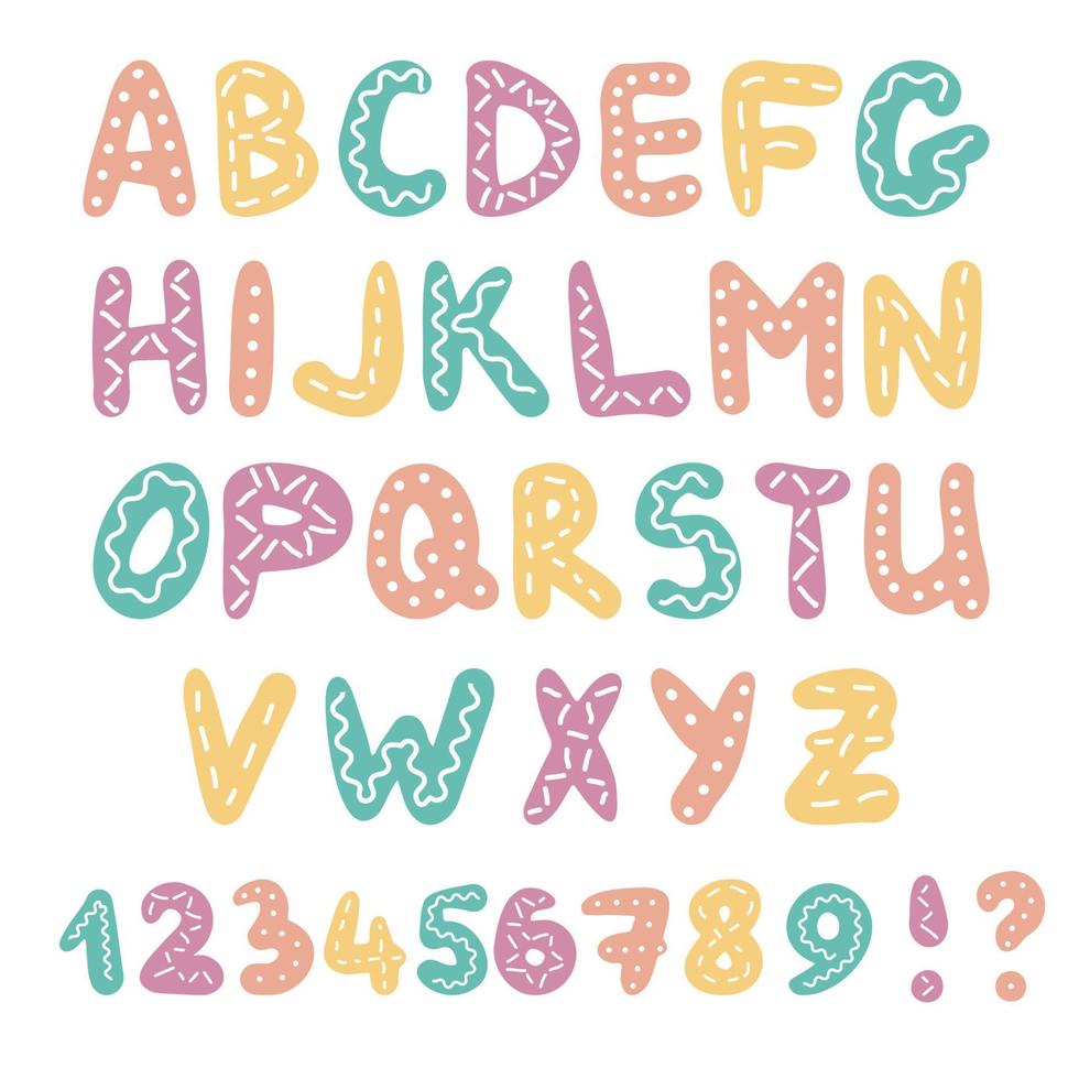niños estilo lindo divertido juguetón fuente de color simple, alfabeto infantil, letras y números estilizados con puntos, tiras y ondas ilustración vectorial vector