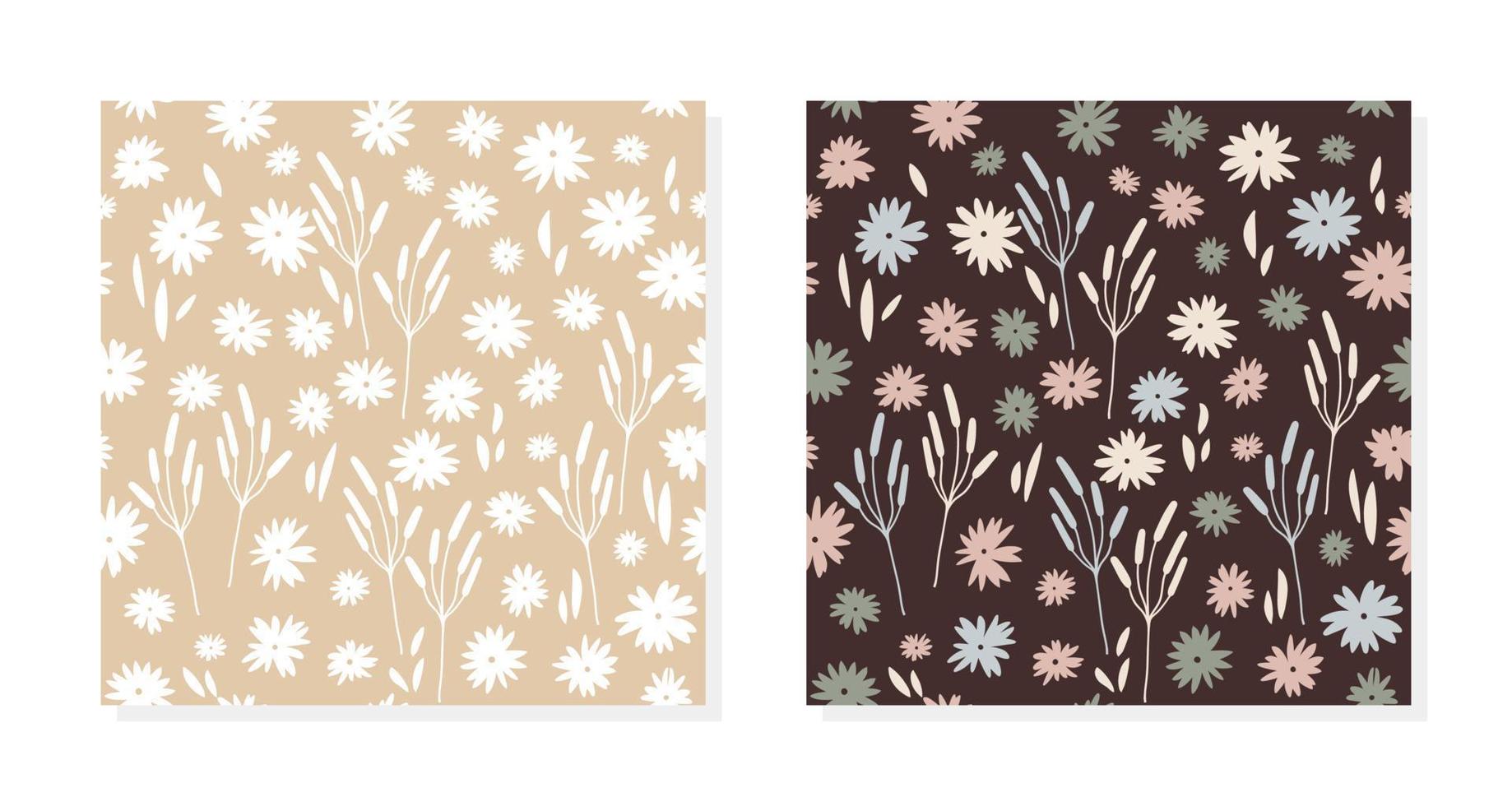 Floral patterns in two color versions. Pretty flowers on beige and dark brown background. Printing with small flowers vector