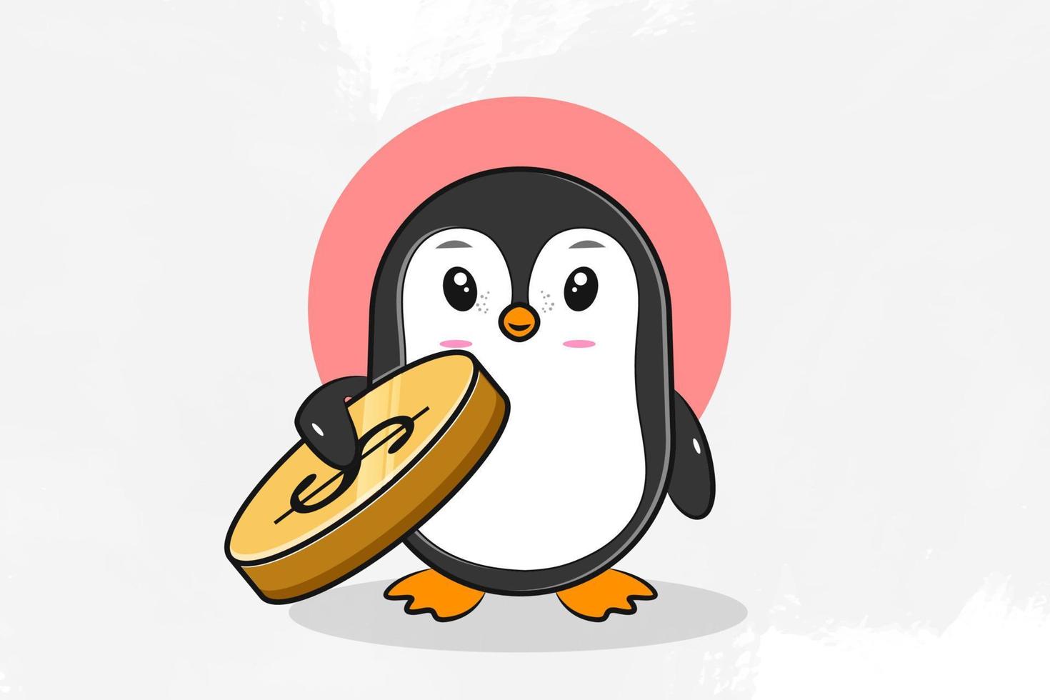 cute penguin holding a tilted dollar coin vector eps 10