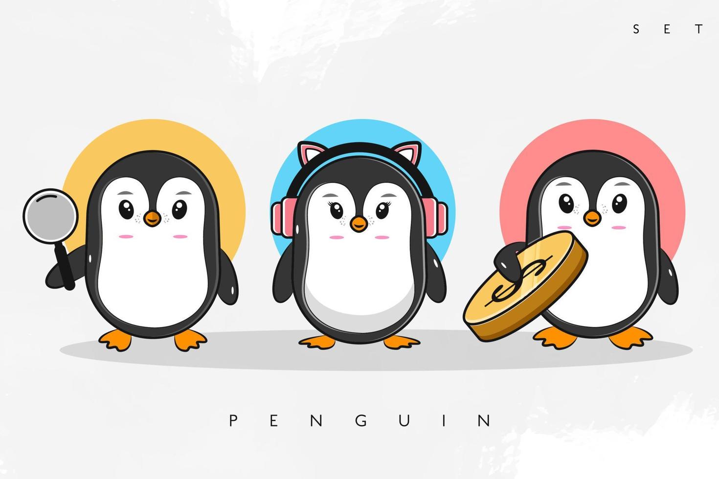 3 lindos personajes de pingüinos sosteniendo una lupa, sosteniendo una moneda de un dólar, usando un auricular rosa, vector eps 10