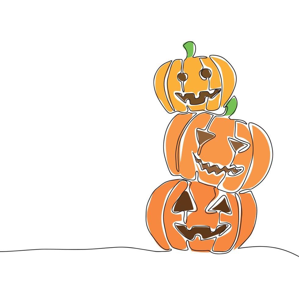 Stack of pumpkin for Halloween card or banner. Hand draw line art outline one cine coloring vector illustration