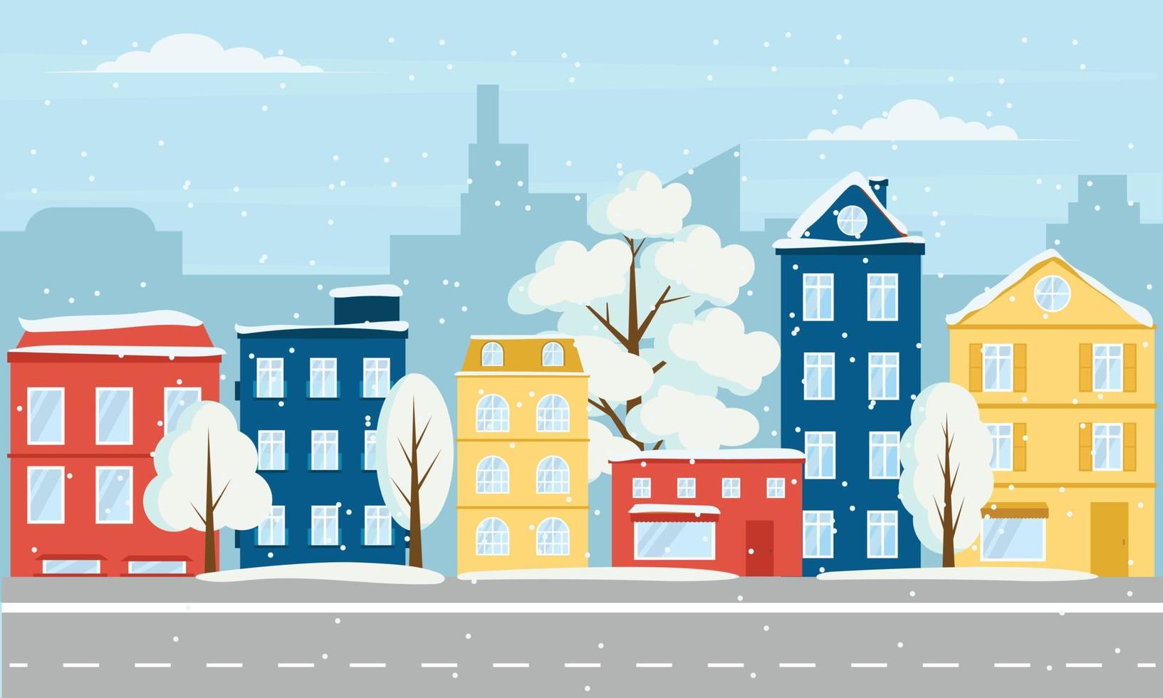 Bright winter street with color house and tree with snow. Vector illustration.