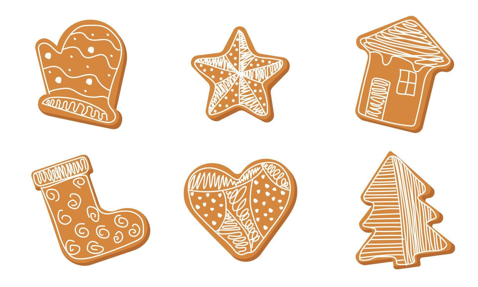 Set of gingerbread with Christmas decor. Mitten, star, house, boot, heart, spruce as biscuit, sweet desert. Vector illustration