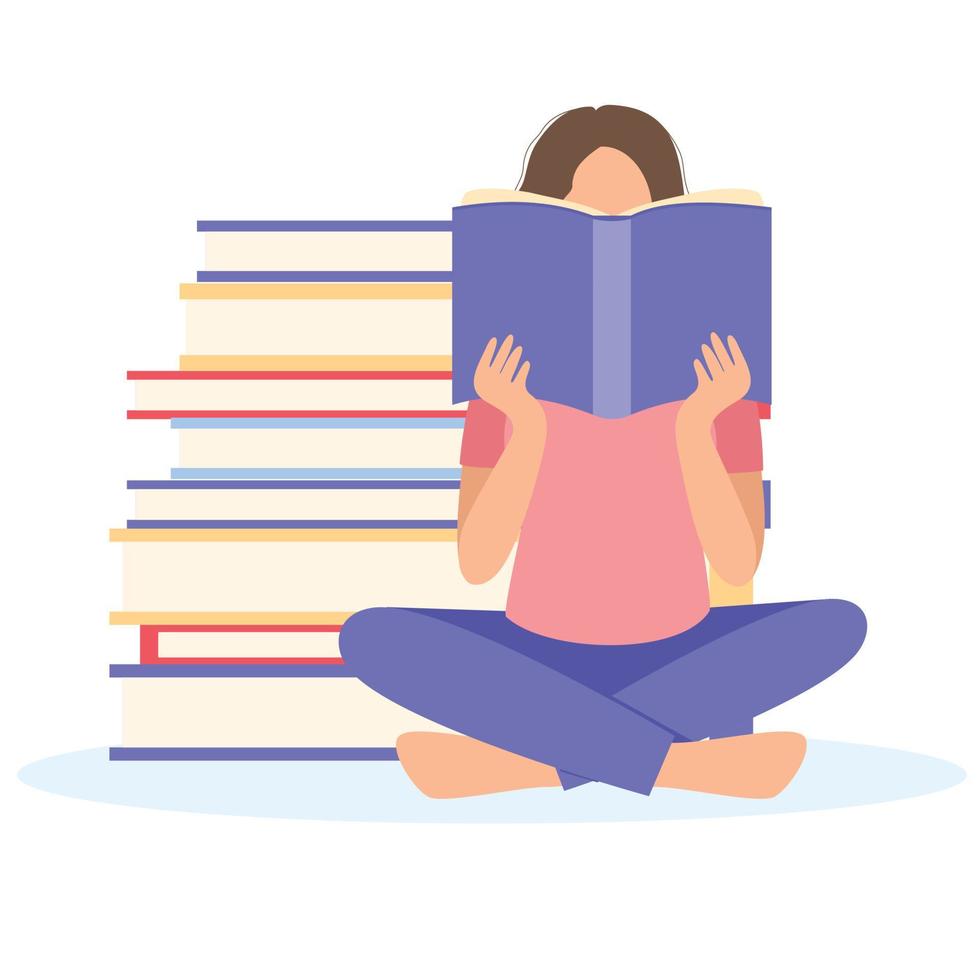 Girl sitting and reading a book. Woman with stack books. Vector illustration