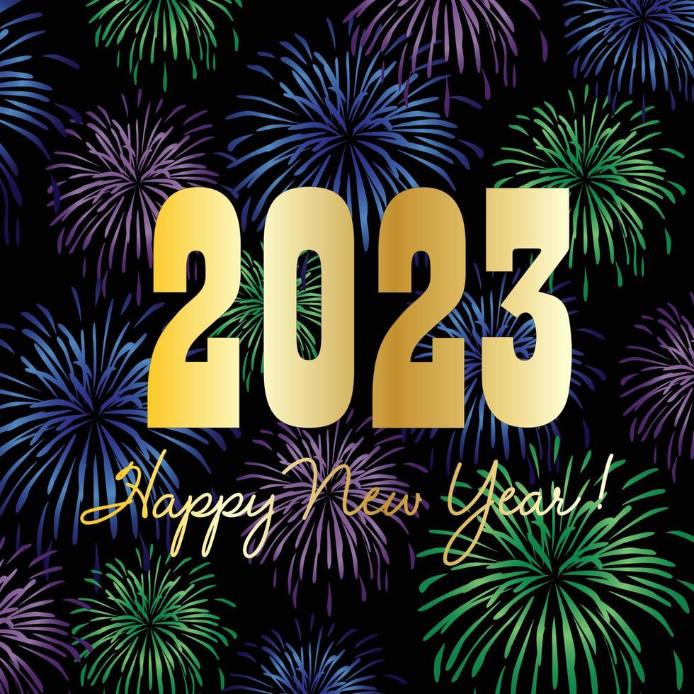 2023 Happy New Year graphic with fireworks on black background vector