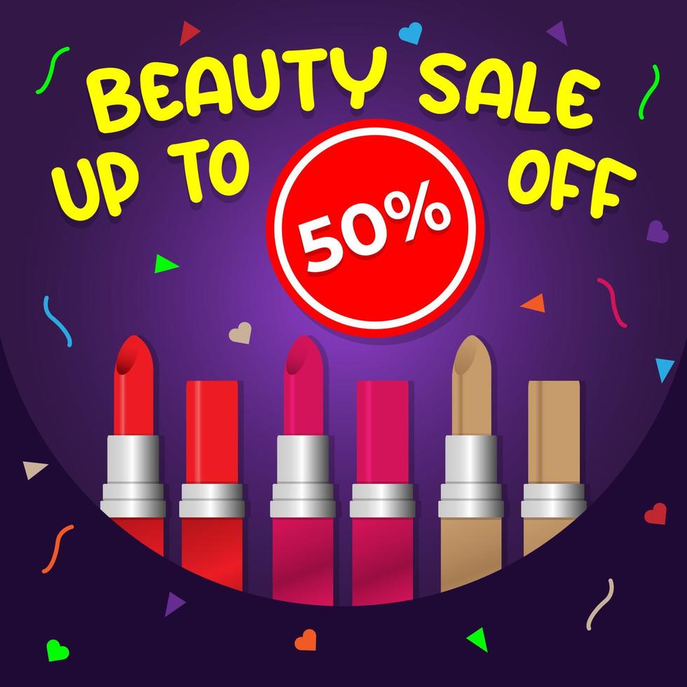 plantilla de banner de maquillaje de belleza. productos cosméticos para labios con forma decorativa sobre fondo morado. diseño de carteles publicitarios para tienda de belleza, blog, revista, ofertas y promoción. vector