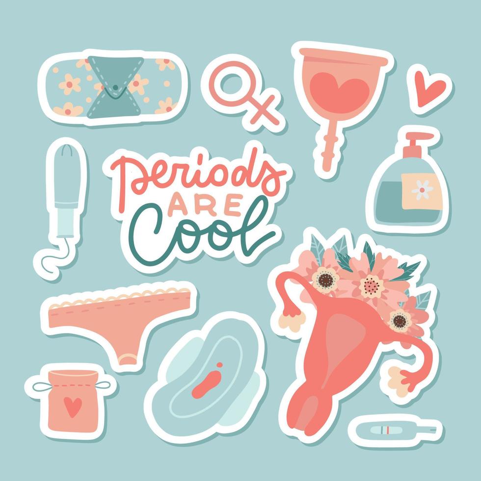 conjunto de pegatinas de menstruación, elementos del período, útero. colección de flores, tampones, útero femenino, compresas, copa, bragas. Higiene de la menstruación en días críticos. ilustración de vector de dibujos animados dibujados a mano plana