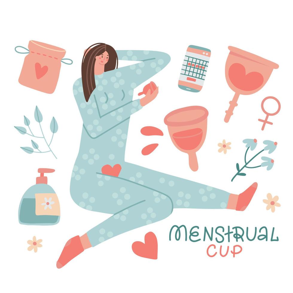 Set with Menstrual Cup for Female Monthly Period, girl holding cup, textile pocket and Liquid Soap in Bottle. Vector flat hand drawn illustration. Eco friendly. Zero waste.