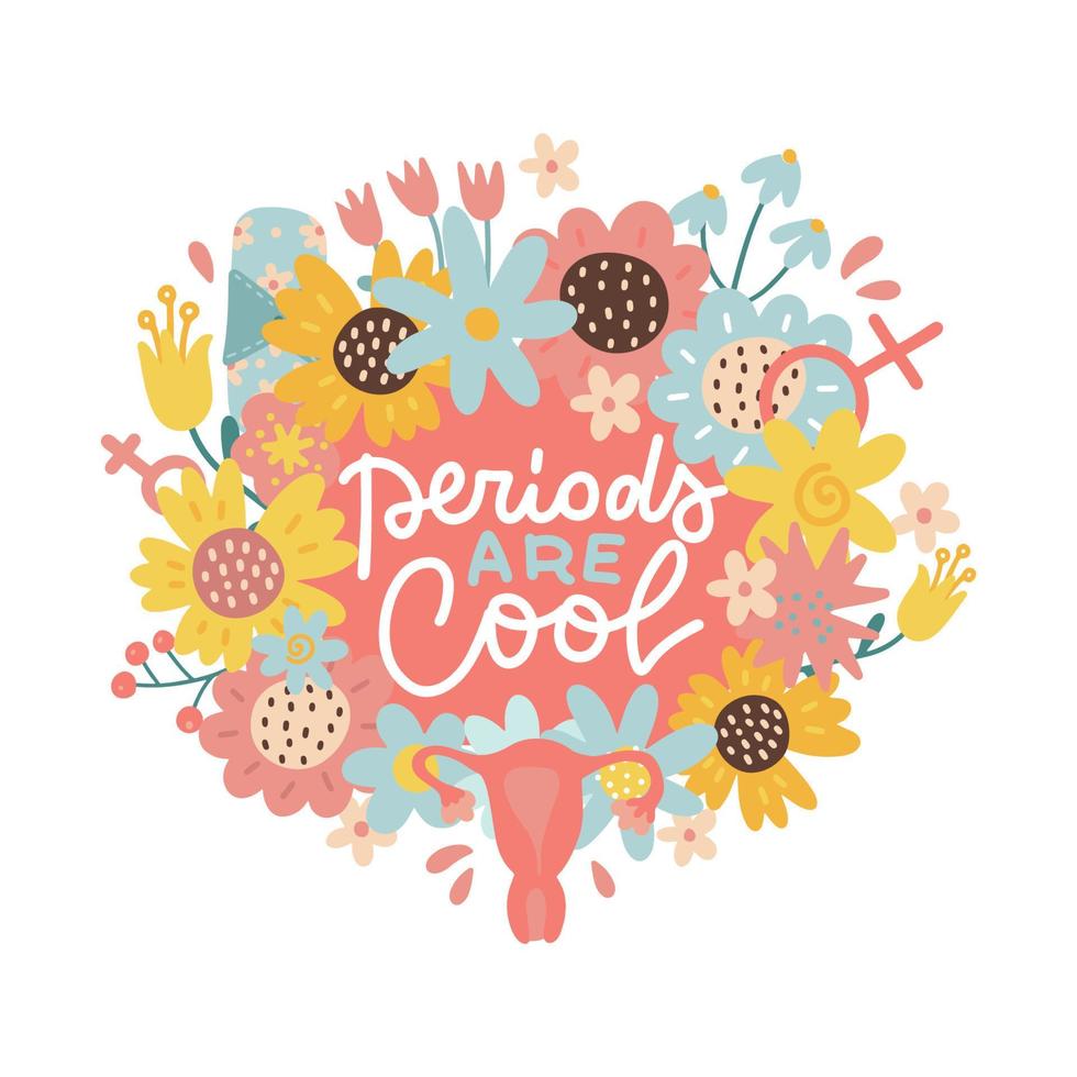 Perioda are cool - hand drawn lettering with wreath floral decoration with female womb. Motivational quote about menstruation. Modern phrase, colorful inscription. Vector flat drawn illustration.
