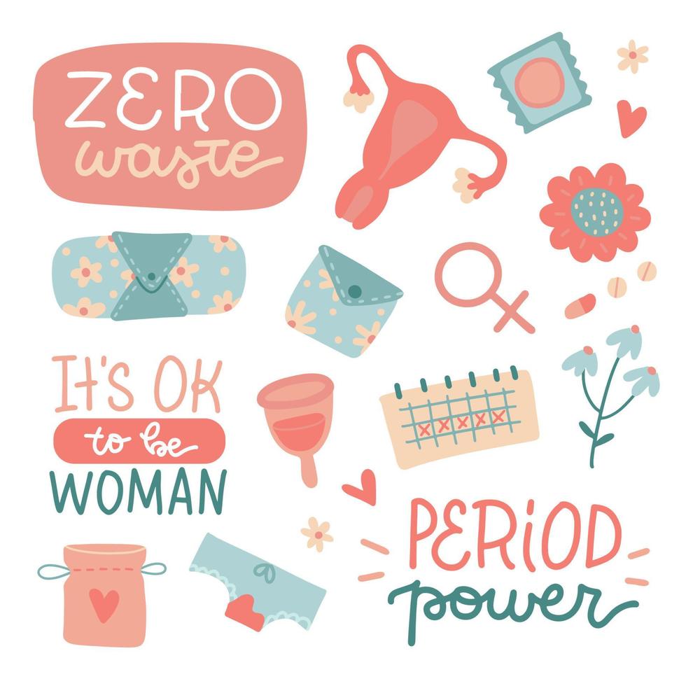 Zero waste periods set. Reusable pads, paper calendar, gynecological cap and menstrual cup. Vector flat hand drawn illustration