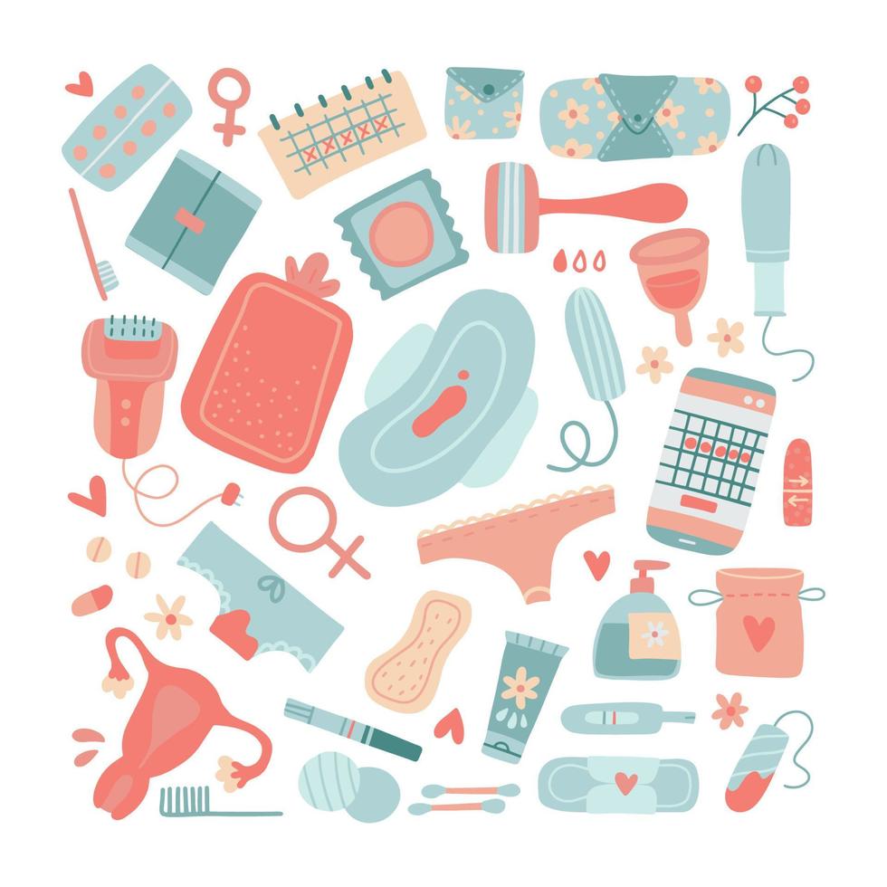 Big set of female hygiene products. Many menstrual cycle items. Woman critical days element. Collection of women's means personal hygiene. Menstrual cup, Sanitary pad, tampon, soap, drugs. Flat vector