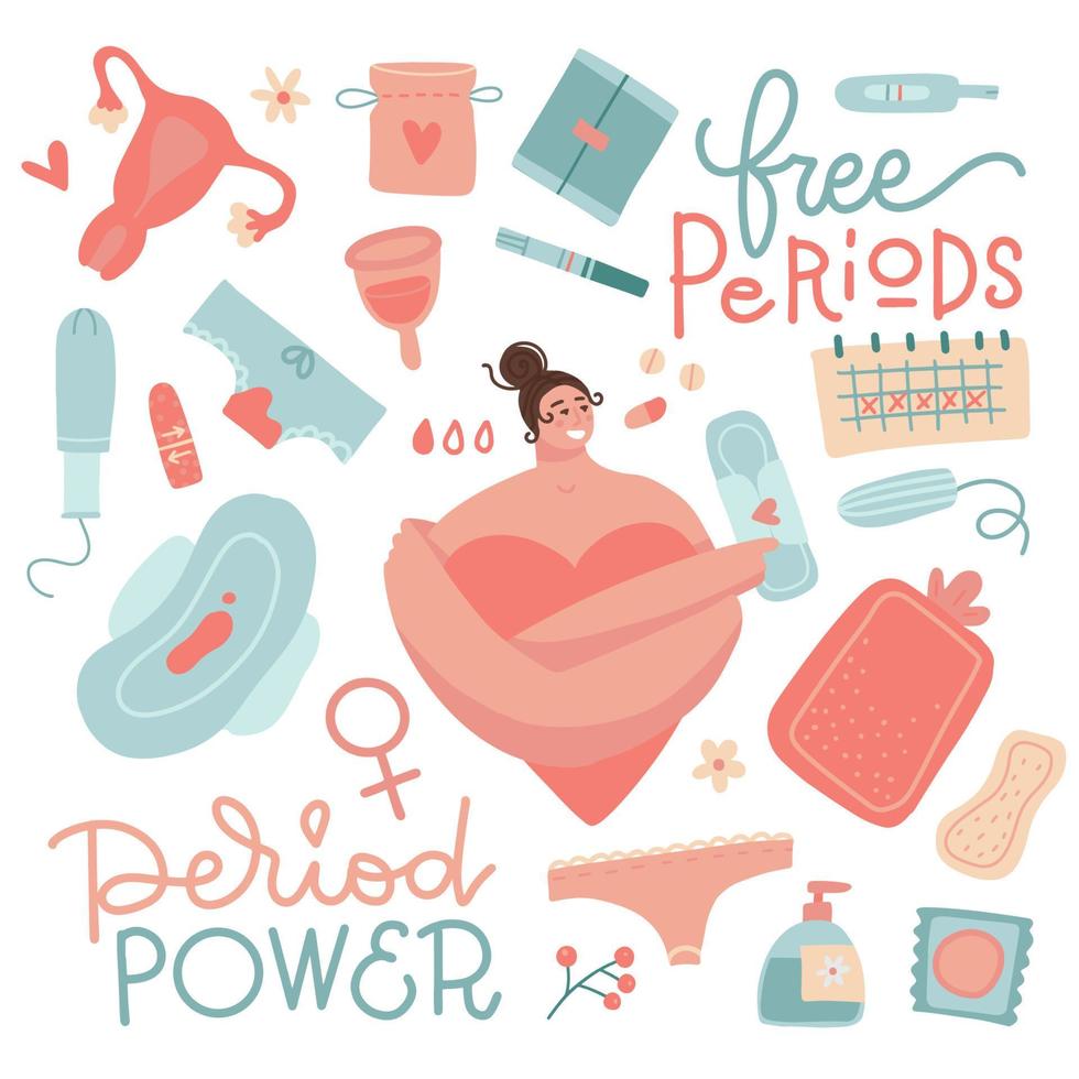 período menstrual establece elementos lindos. mujeres con menstruación. colección de símbolos de productos de higiene: tampones, tazas, bragas, almohadillas, útero, calendario. ilustración dibujada a mano de dibujos animados vectoriales. vector