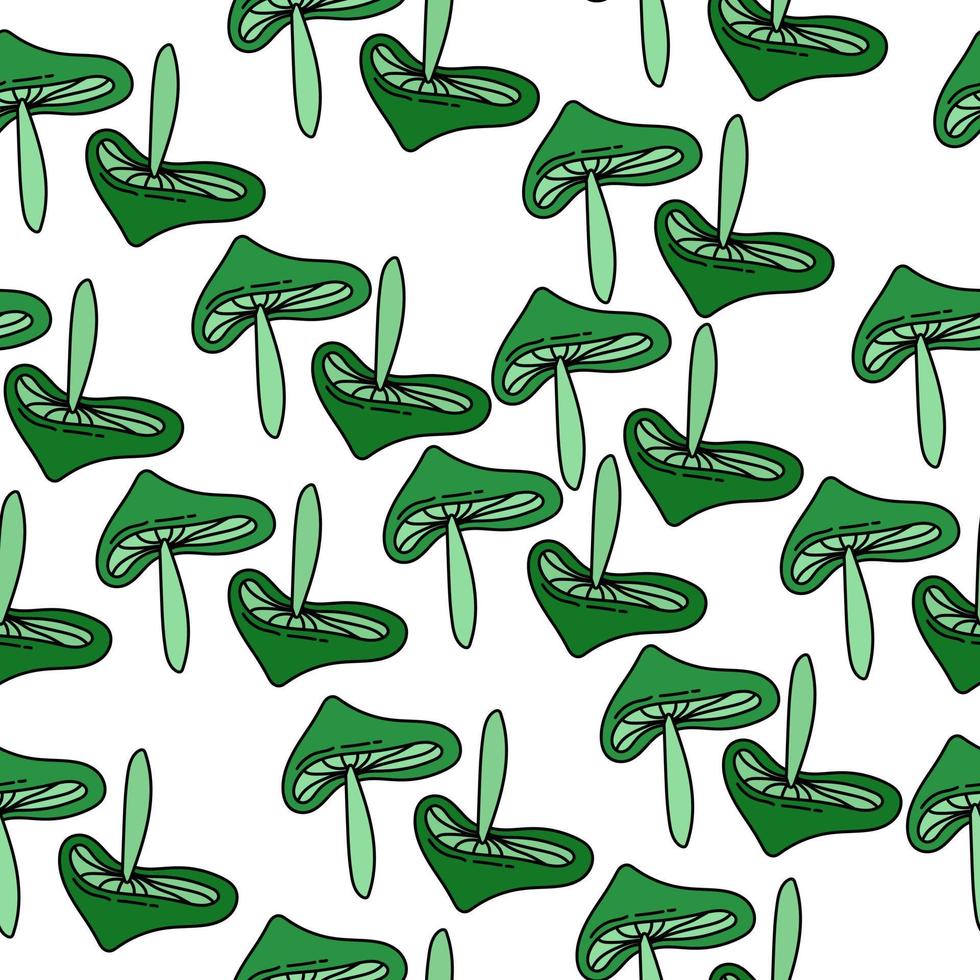 Green mushrooms seamless pattern, broad stem mushrooms on white background vector