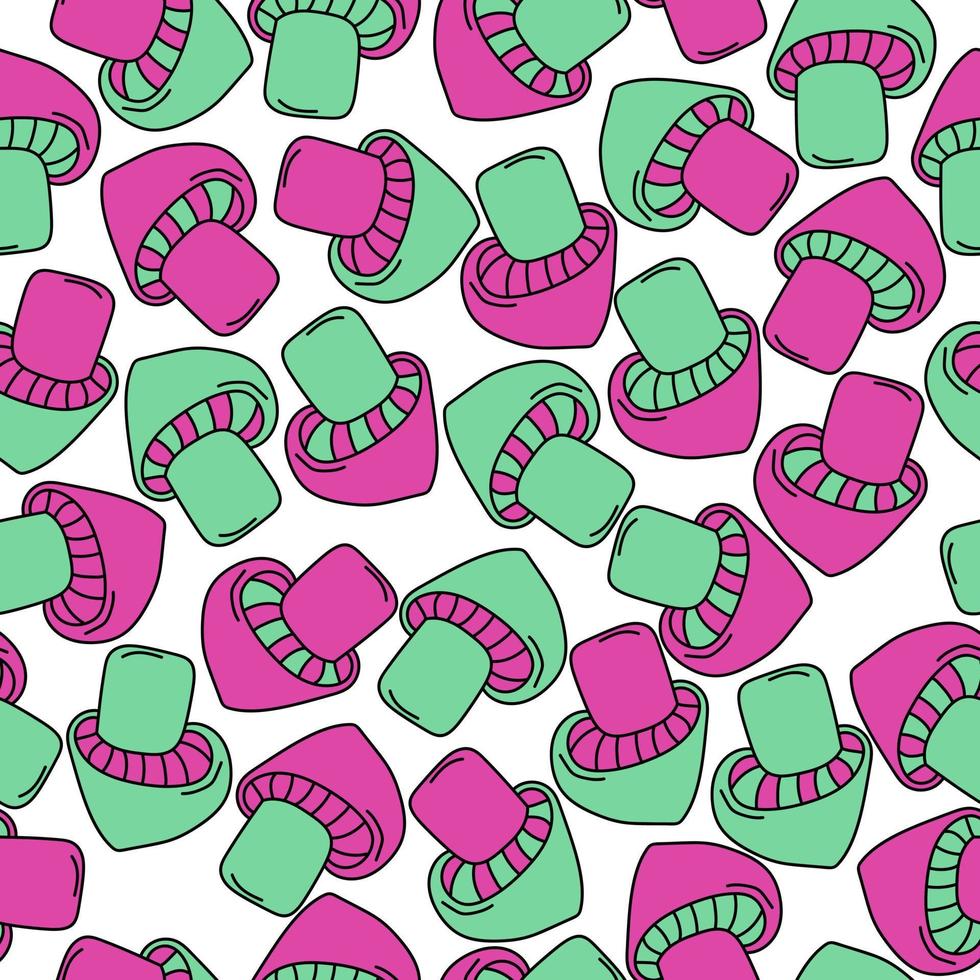 champiñones con estilo patrón sin costuras, champiñones de tapa rosa-verde sobre un fondo blanco vector