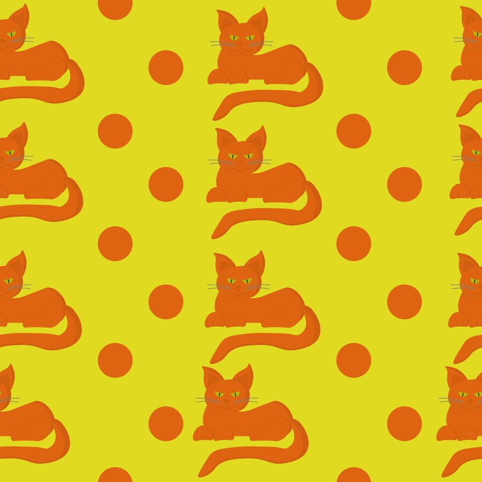 Orange cats and dots seamless pattern, bright cats and dots in vertical rows on a yellow background vector