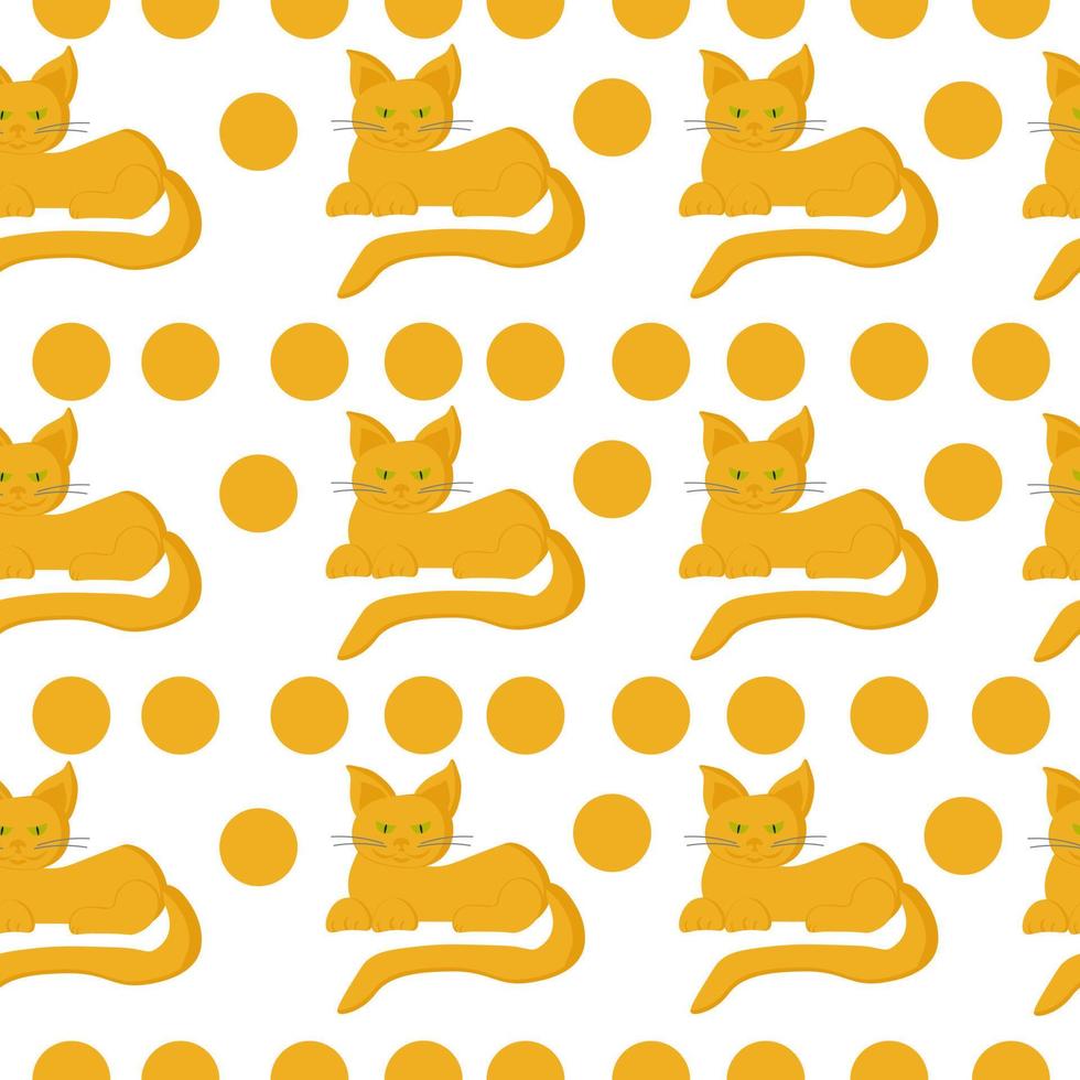 Yellow cats and dots seamless pattern, bright cats and dots in horizontal rows on a white background vector