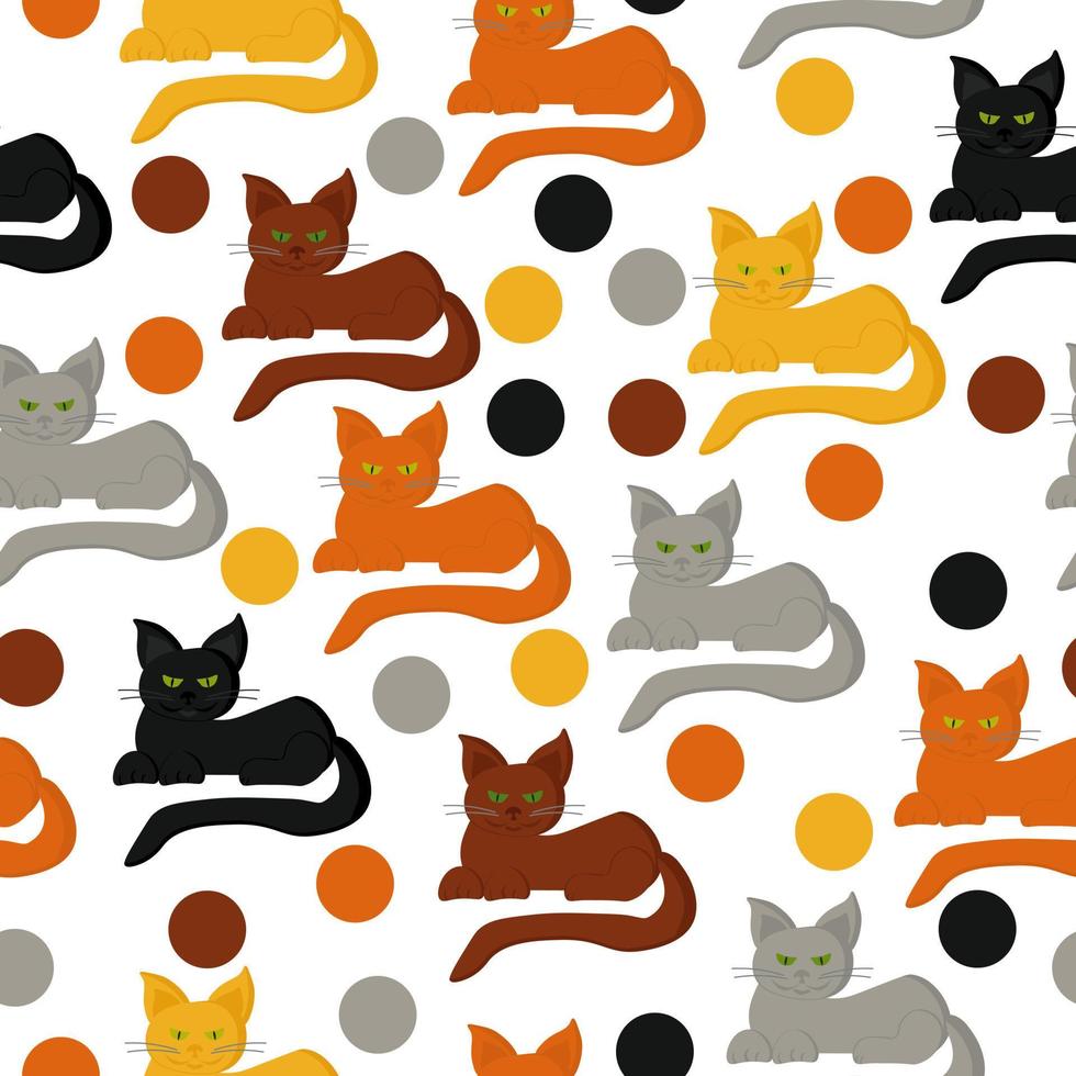 Cats seamless pattern, assorted cats and colorful dots on a white background vector
