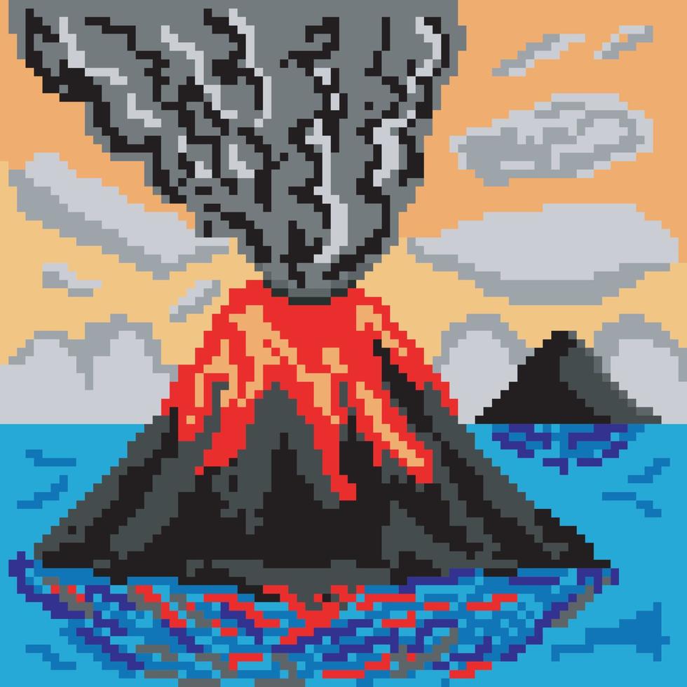 Pixel art with volcano mountain. vector
