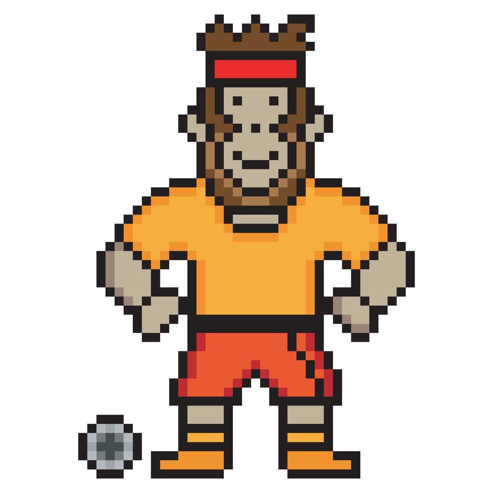 Cute monkey soccer player with pixel art on white background vector