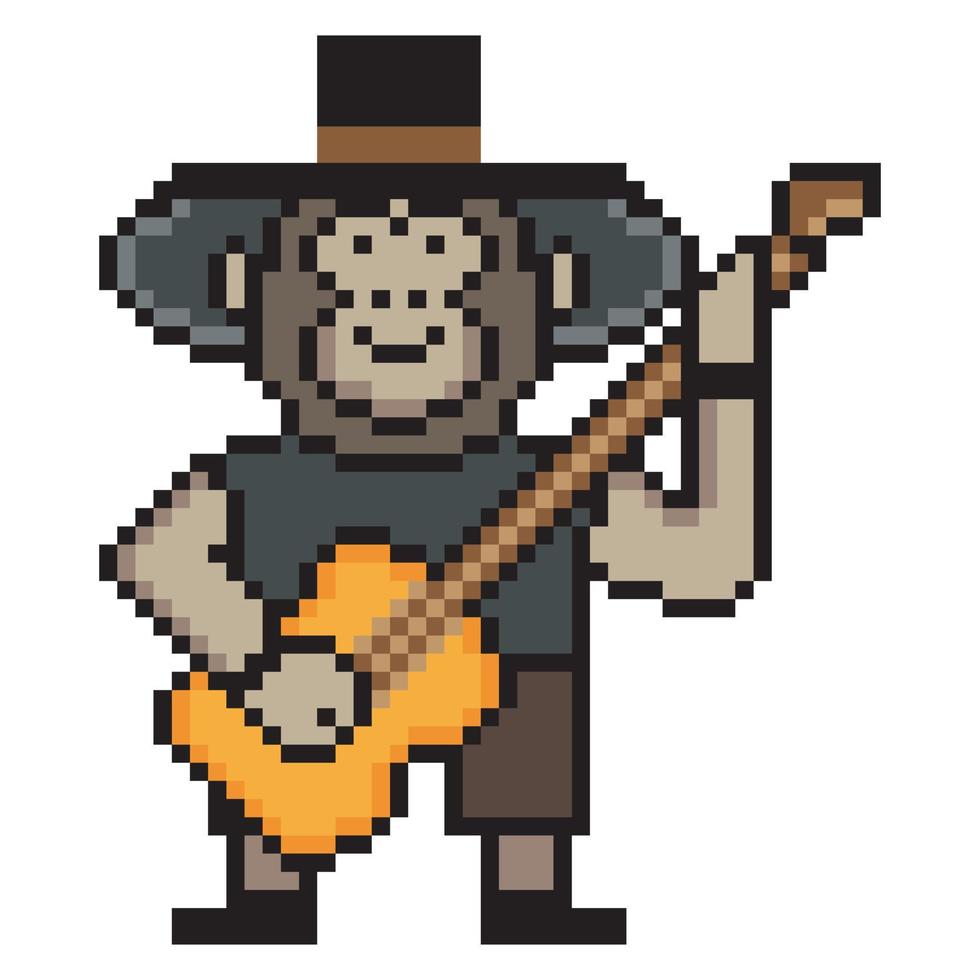 mono toca la guitarra con pixel art sobre fondo blanco. vector