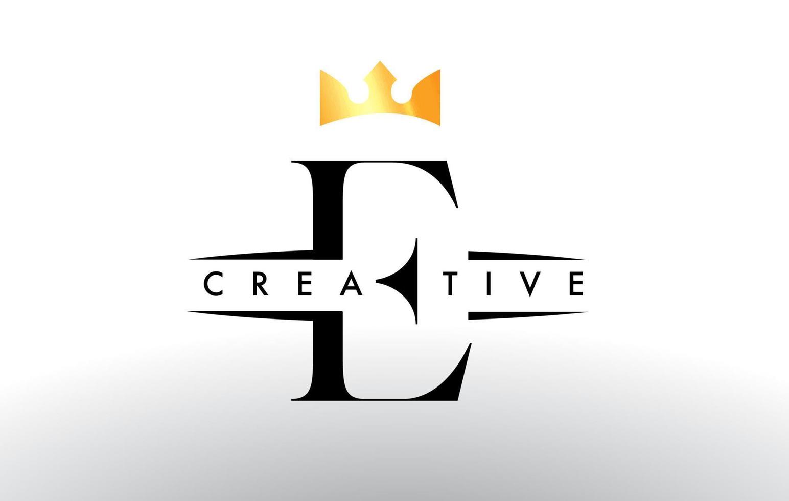 E Letter Logo with Creative Crown Design Icon and Golden Colors Vector