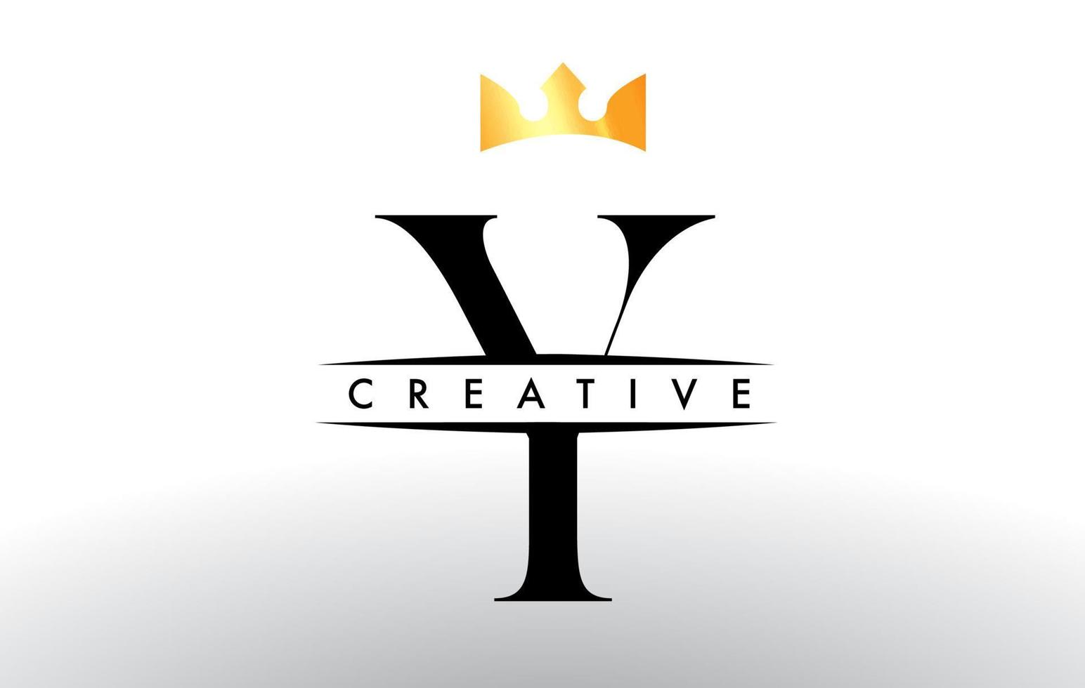 logotipo de letra y con icono de diseño de corona creativa y vector de colores dorados
