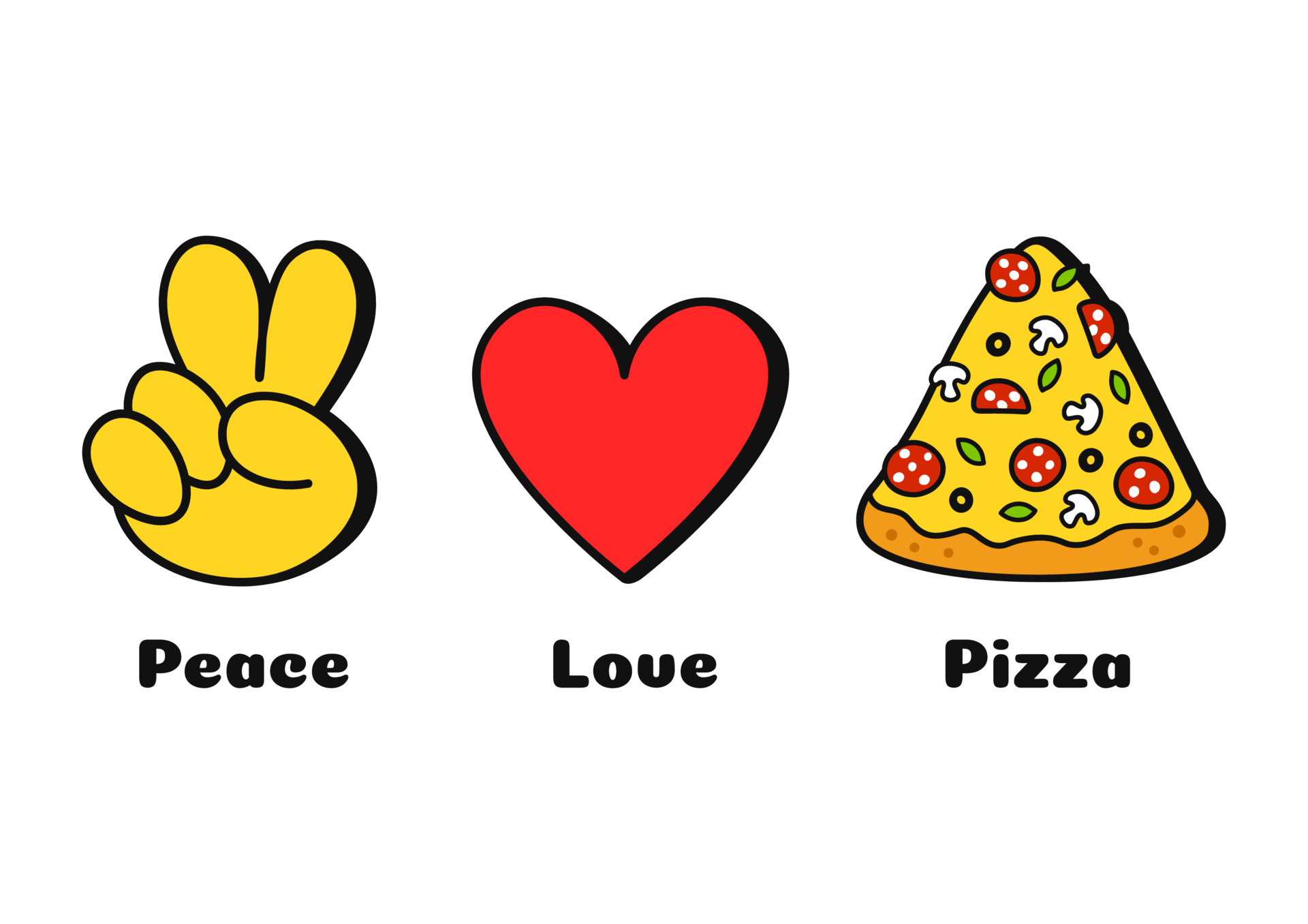 Peace, love, pizza concept print for tshirt.Vector cartoon doodle line graphic illustration