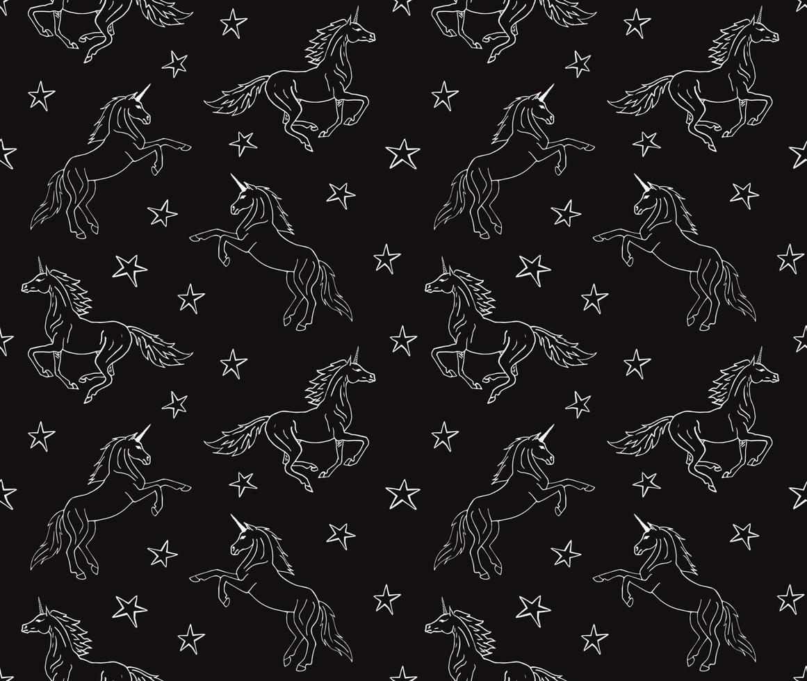 Vector seamless pattern of flat cartoon hand drawn unicorn isolated on white background