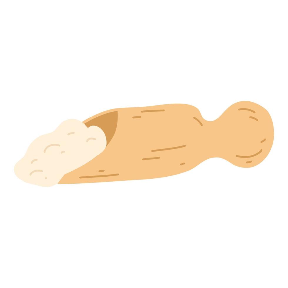 Wooden scoop with flour in hand drawn flat style. Vector illustration of cereals, sugar, powder, coconut flakes