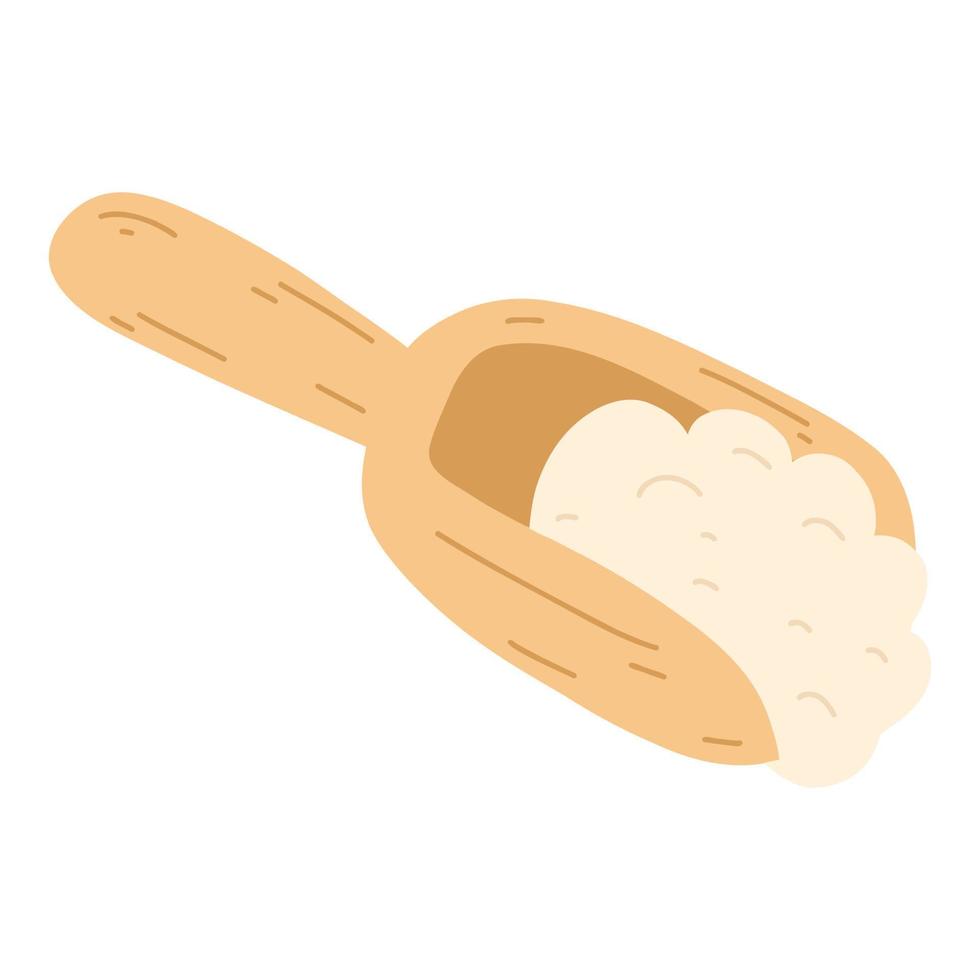 Wooden scoop with flour in hand drawn flat style. Vector illustration of cereals, sugar, powder, coconut flakes