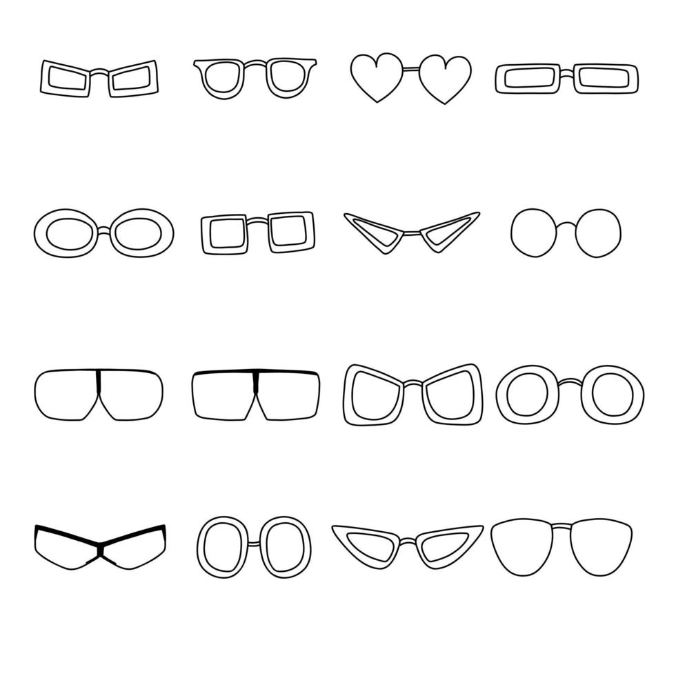 Set of hand drawn doodle glasses. Vector sketch illustration of black outline eyeglasses, linear icon, sunglasses for print, coloring page, design, logo.