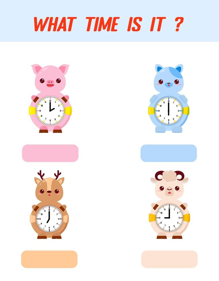 Qué hora es. tiempo de aprendizaje en el reloj. hoja de trabajo de actividad educativa para niños y niños pequeños. juego preescolar. rompecabezas con reloj. juego educativo para niños. vector