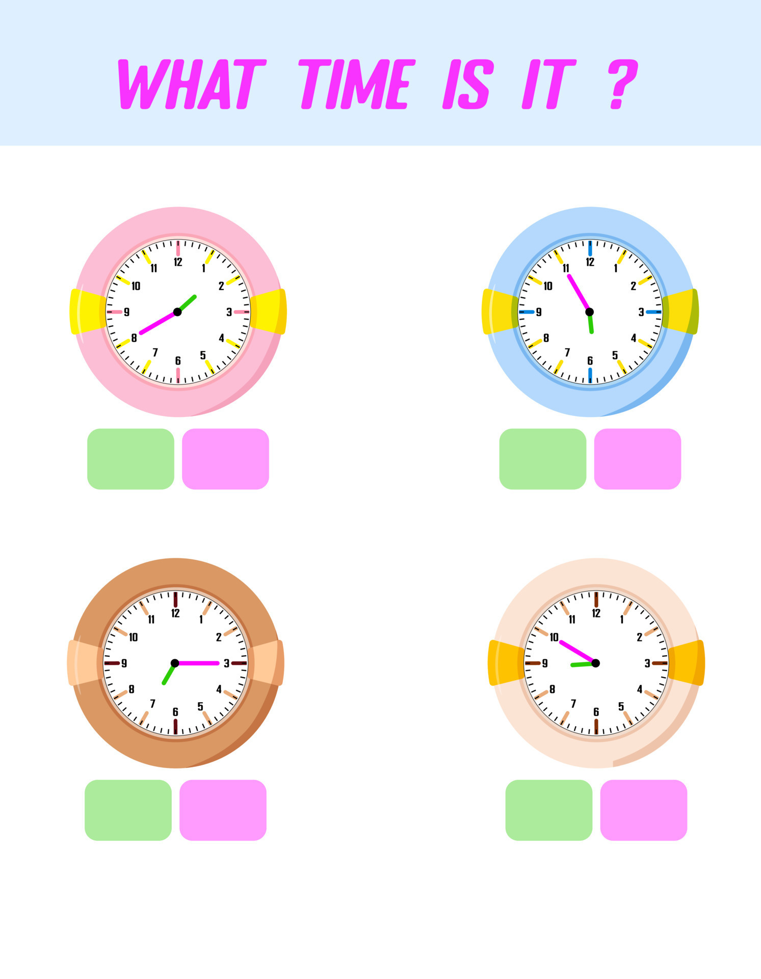 What time is it. Learning time on the clock. Educational activity