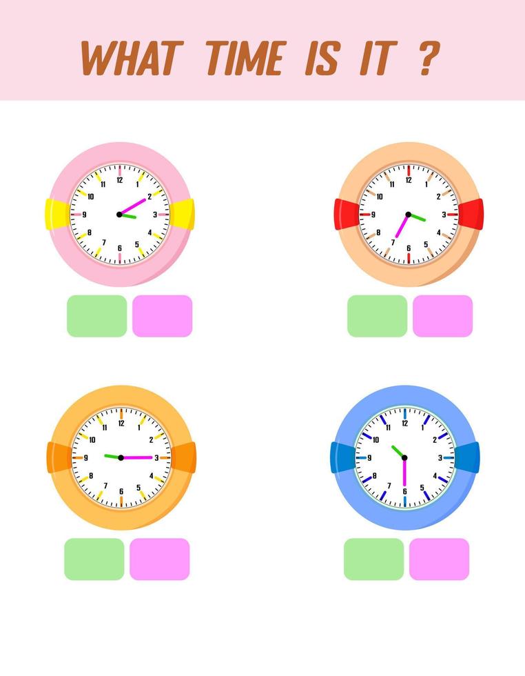 What time is it. Learning time on the clock. Educational activity worksheet for kids and toddlers. Preschool game. Puzzle with clock .   Education Game for Children. vector