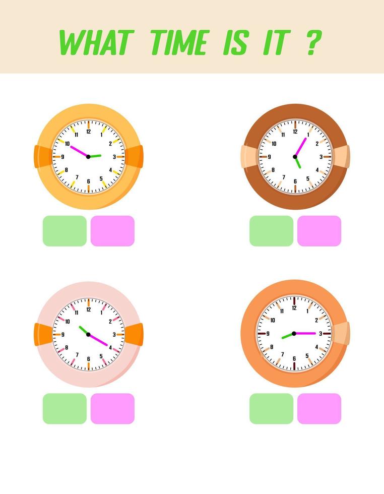 Qué hora es. tiempo de aprendizaje en el reloj. hoja de trabajo de actividad educativa para niños y niños pequeños. juego preescolar. rompecabezas con reloj. juego educativo para niños. vector