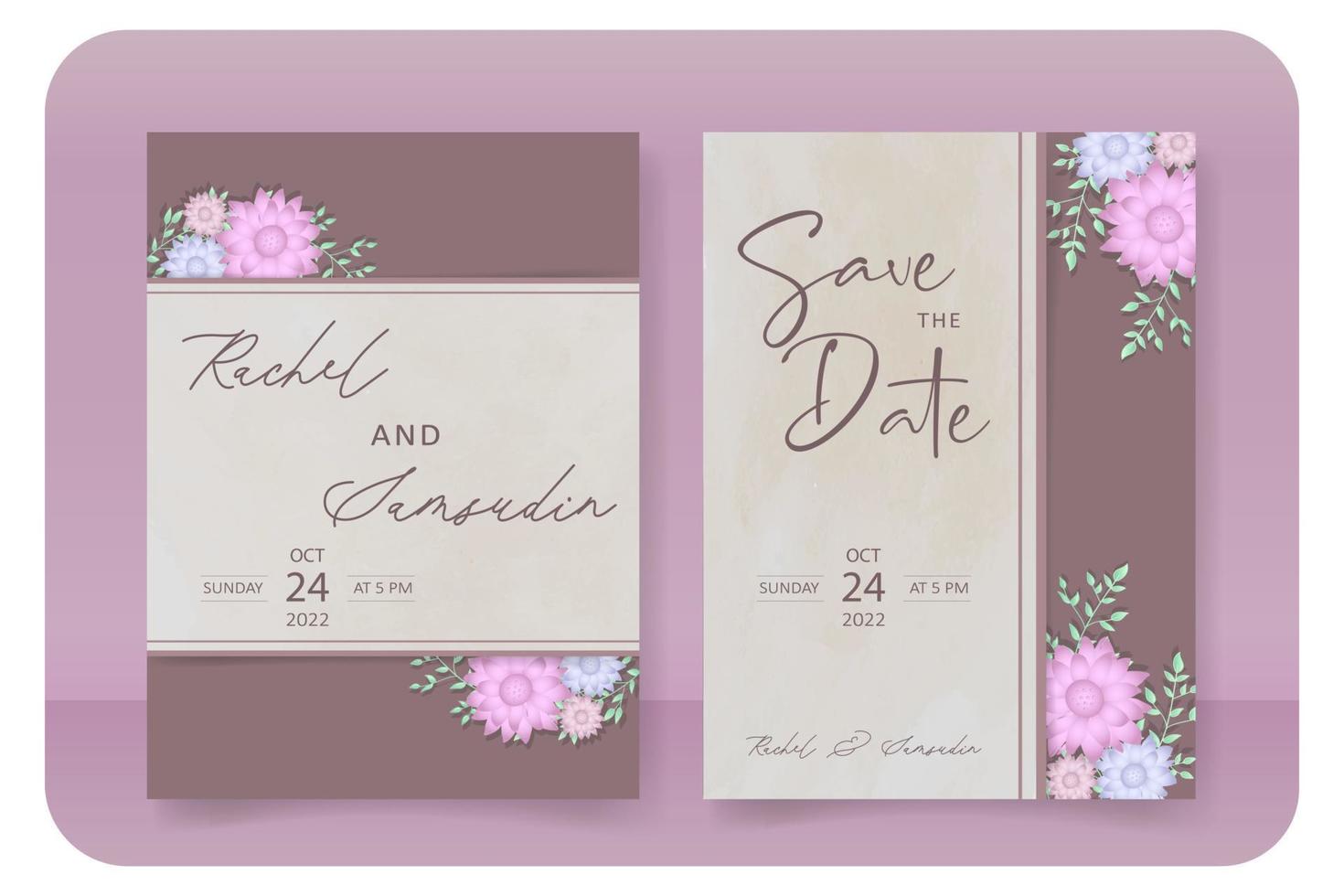 plantilla de tarjeta de invitación de boda, con decoración de flores y hojas, estilo minimalista, fondo marrón vector