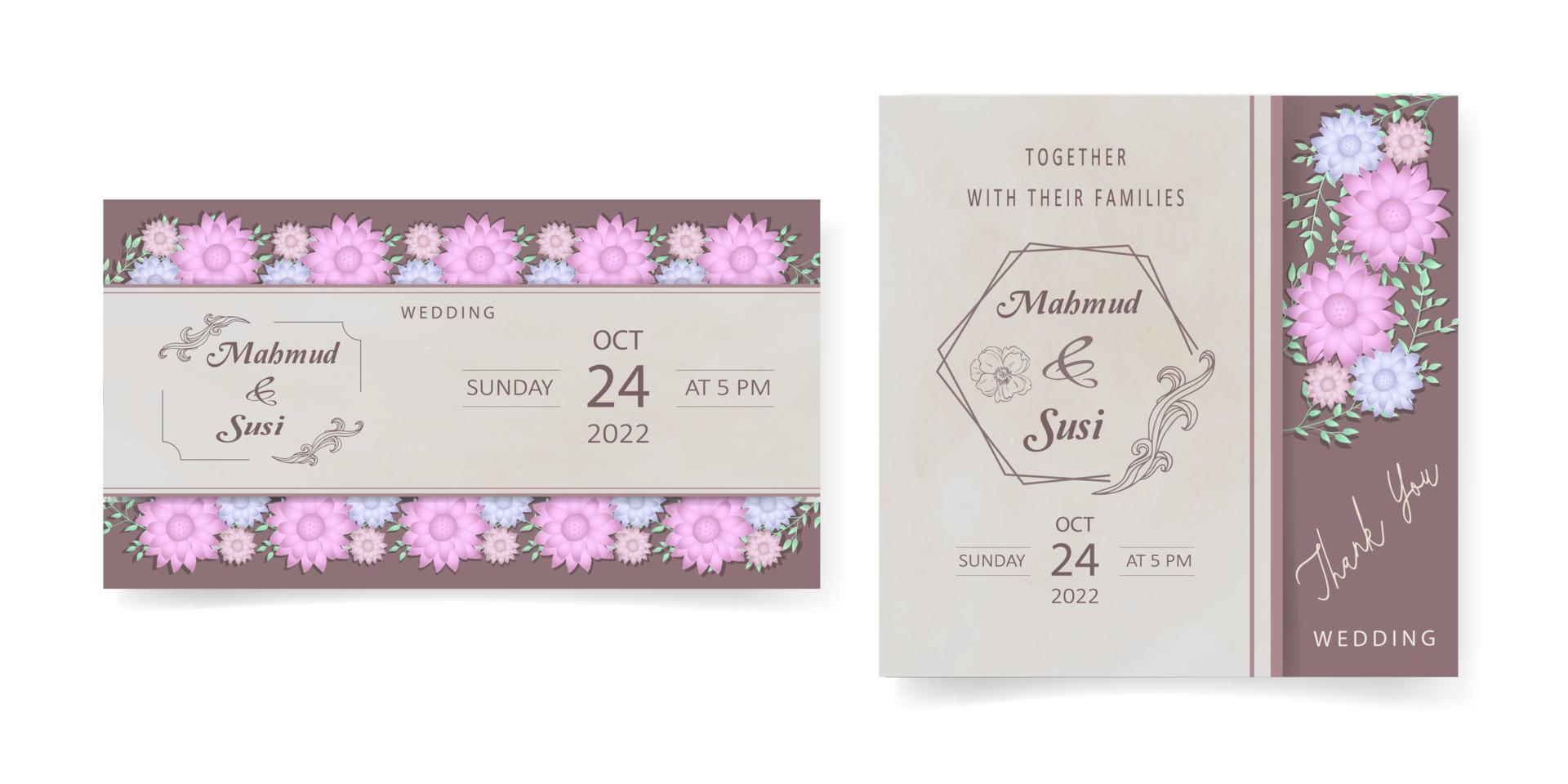 wedding invitation card template, with flower and leaf decoration, minimalist style, brown background vector