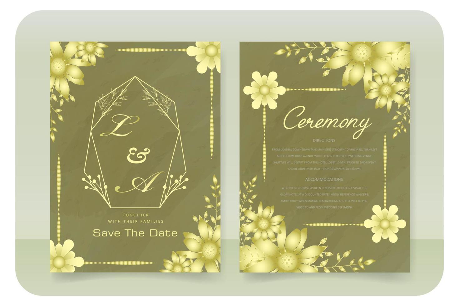 plantilla de tarjeta de invitación de boda, con decoración de flores y hojas, fondo verde vector