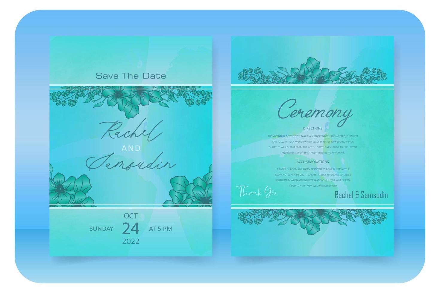 plantilla de tarjeta de invitación de boda, con decoración de flores y hojas, fondo verde vector