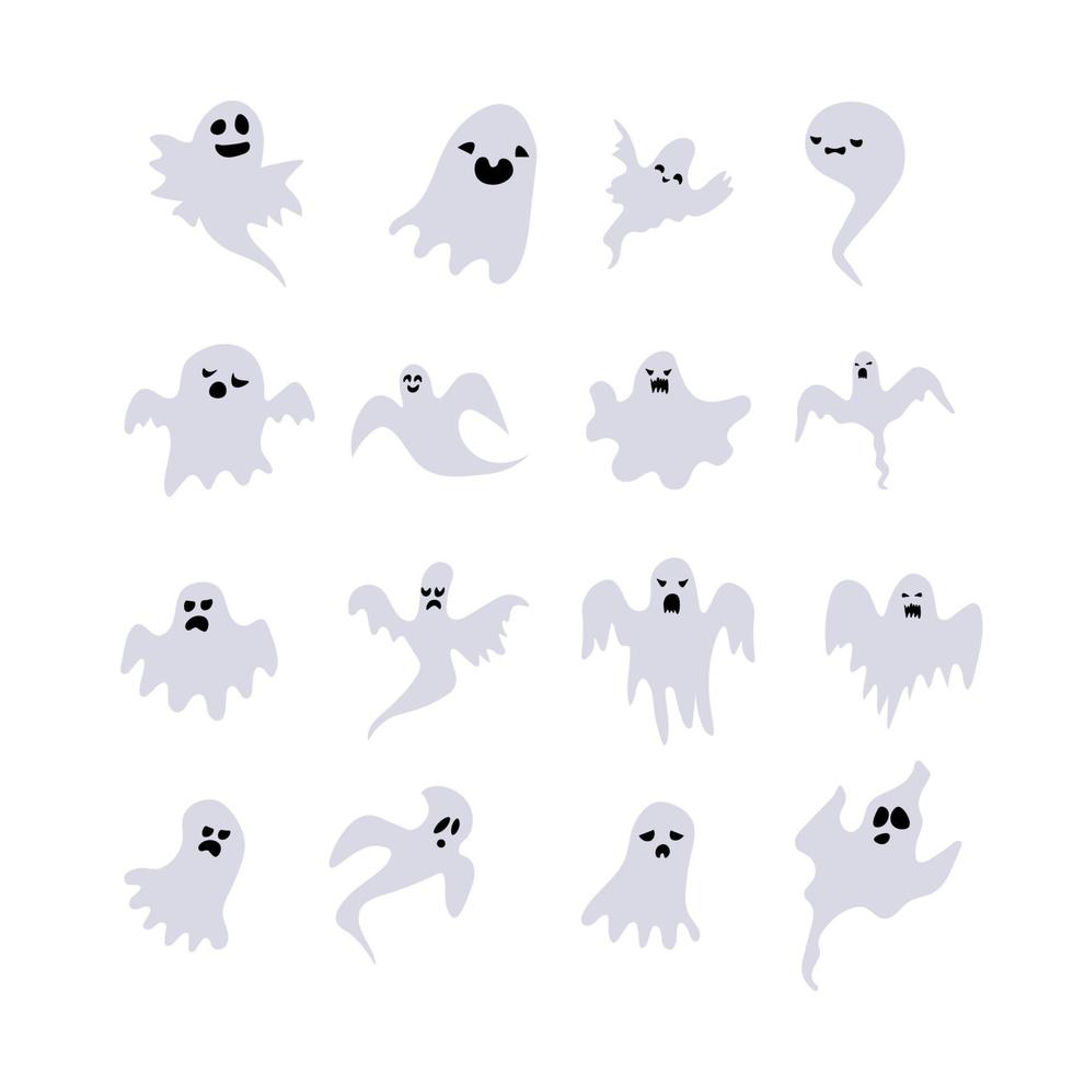 conjunto de horror de espectro de aparición de fantasmas monocromáticos. sombra fantasma divertida. hoja fantasma para el diseño de personajes de halloween. aislado en la ilustración de vector blanco.